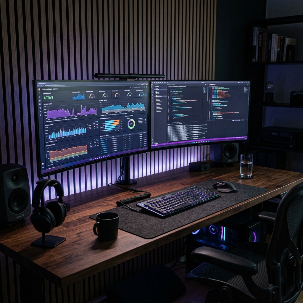 Tech workspace with dual monitors